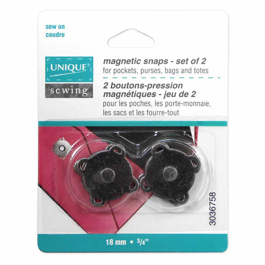UNIQUE SEWING Magnetic Snaps – Sew-On – Gunmetal – 18 mm (3/4") – 2 sets