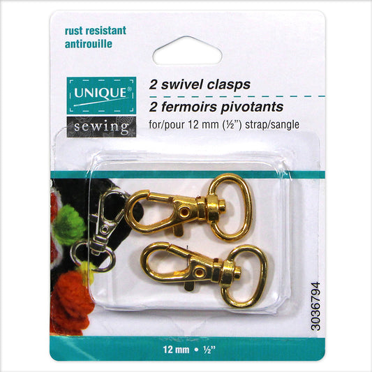 UNIQUE SEWING Swivel Hooks, Gold, 12mm (1/2"), 2 pcs
