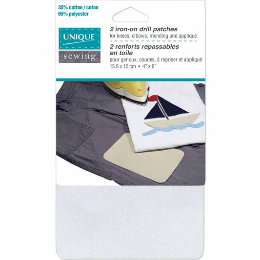 UNIQUE SEWING Drill Patches — White, 10 × 15 cm (4″ × 6″), 2 pcs