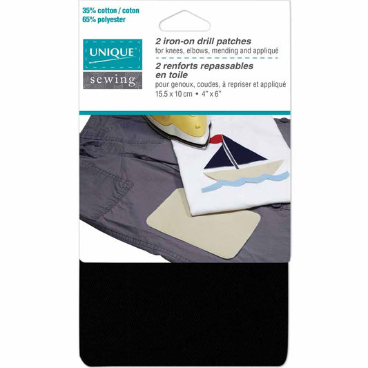 UNIQUE SEWING Drill Patches — Black, 10 × 15 cm (4″ × 6″), 2 pcs