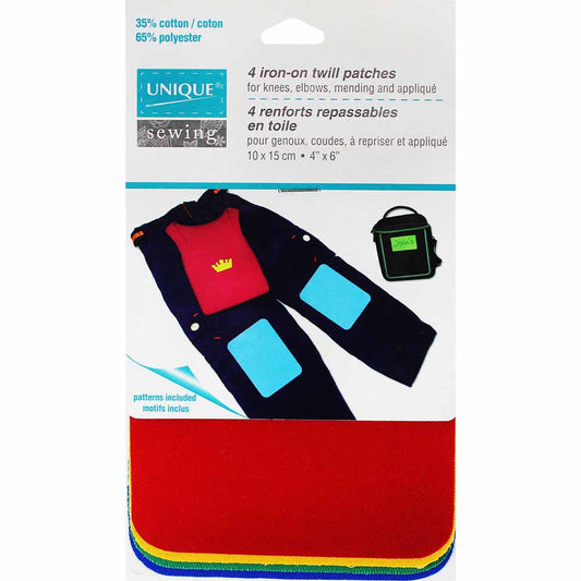 UNIQUE SEWING Iron‑On Twill Patches — Primary Colours, 4 pcs