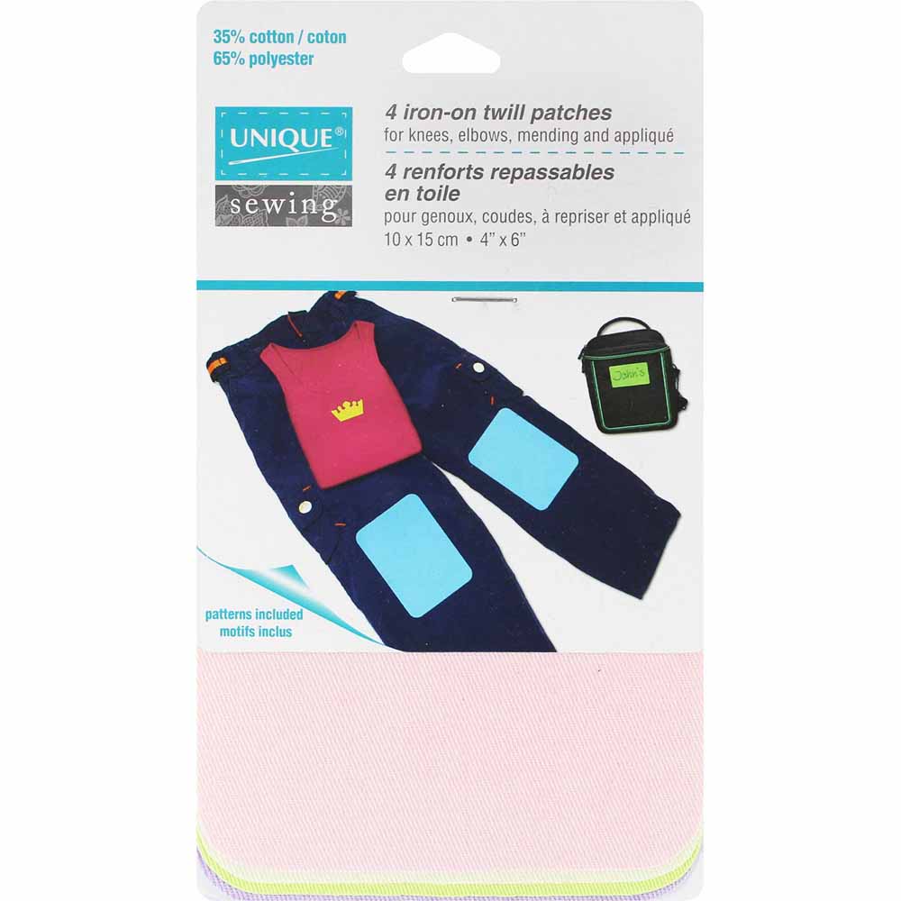 UNIQUE SEWING Iron‑On Twill Patches — Pastel Colours, 4 pcs