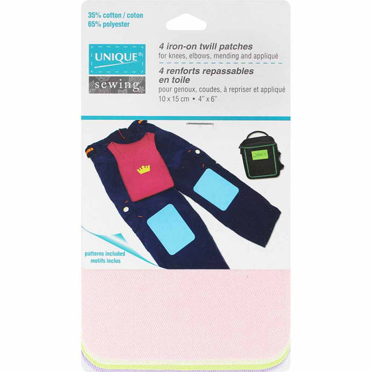 UNIQUE SEWING Iron‑On Twill Patches — Pastel Colours, 4 pcs
