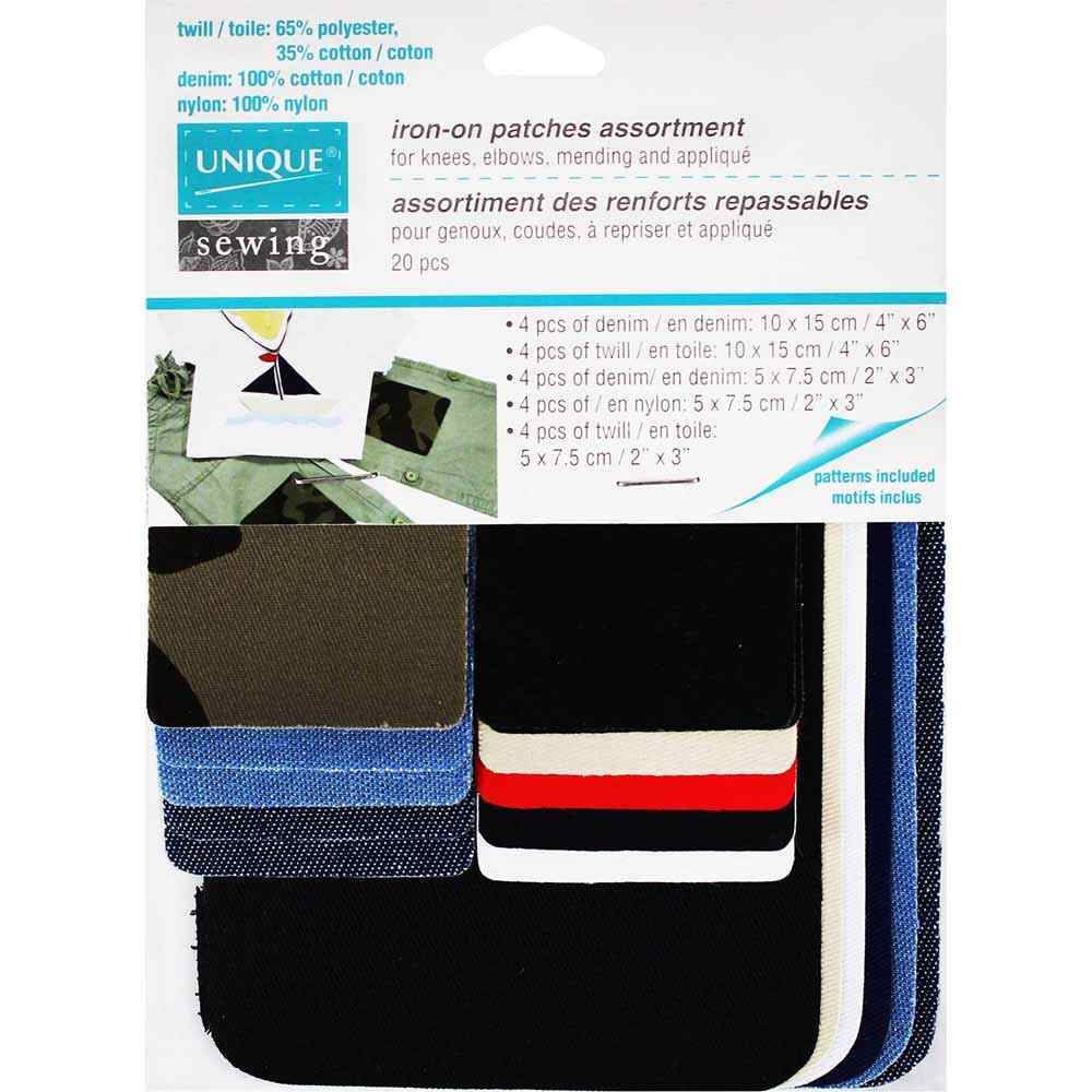 UNIQUE SEWING Iron‑On Patches Assortment — Mixed Colours & Sizes, 20 pcs