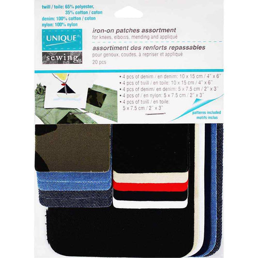 UNIQUE SEWING Iron‑On Patches Assortment — Mixed Colours & Sizes, 20 pcs