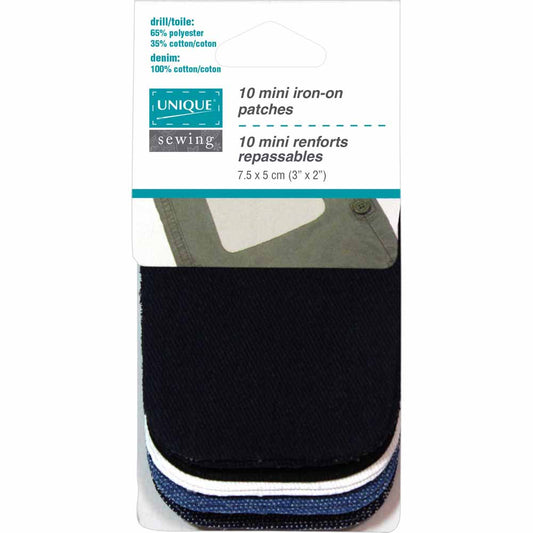 UNIQUE SEWING Denim & Drill Mini Iron‑On Patches — Assorted, 10 pcs