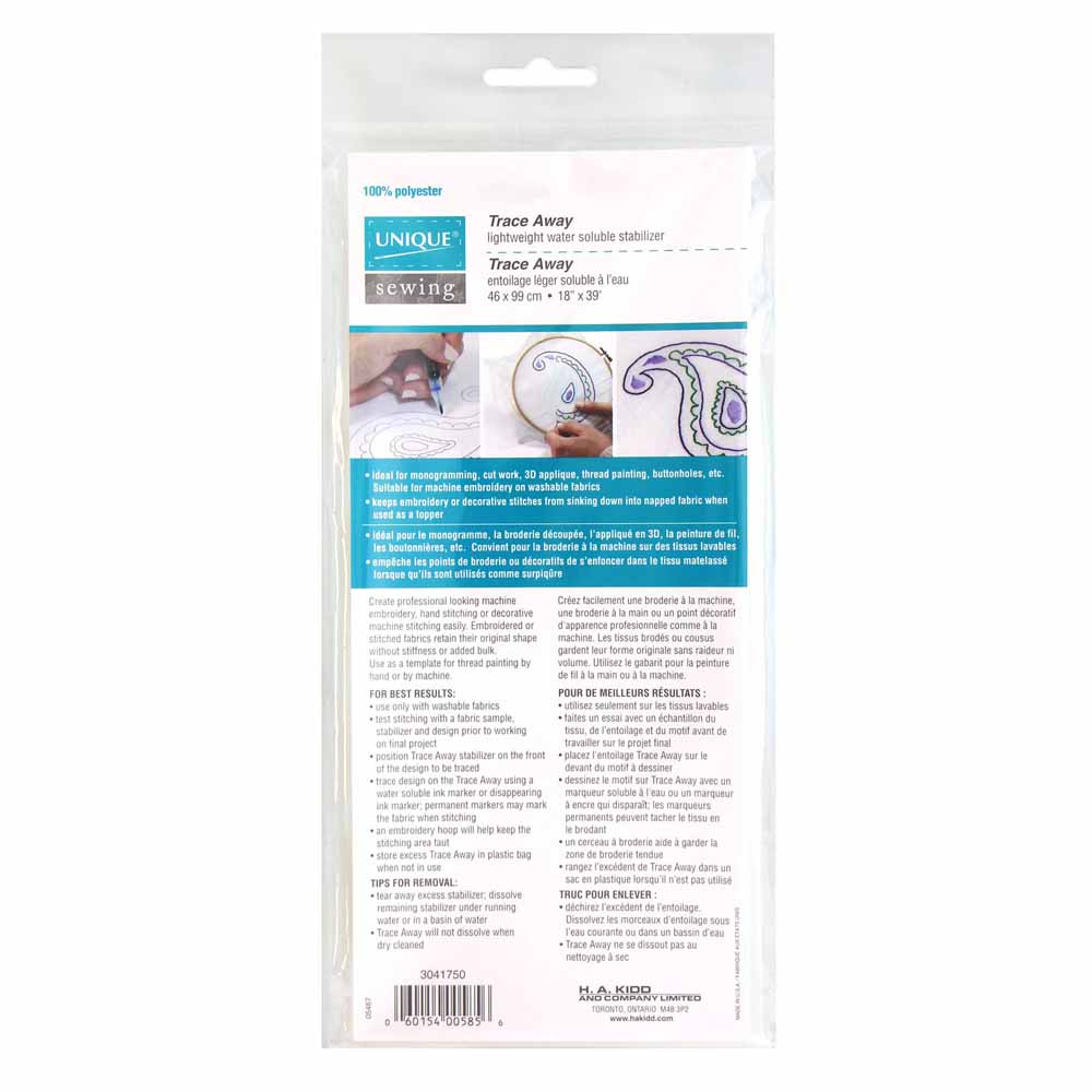 UNIQUE Trace‑Away Water‑Soluble Stabilizer Film – 46 × 99 cm (18" × 39")