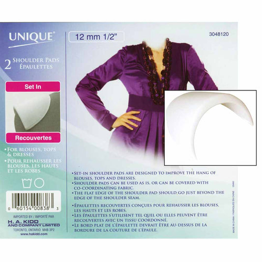 UNIQUE SEWING Shoulder Pads — Medium, Set‑In, White, 12 mm (1⁄2″), 2 pcs
