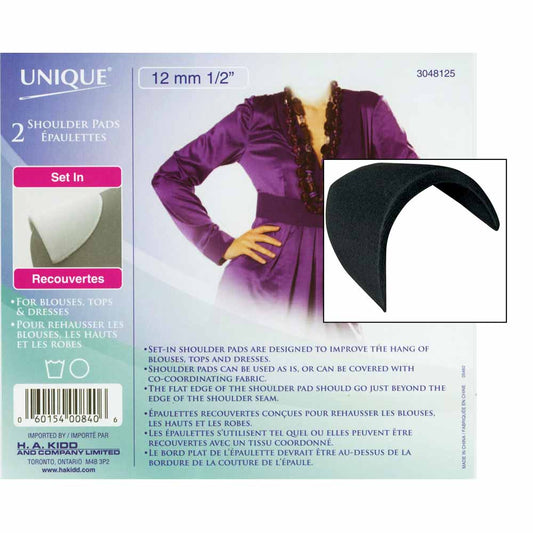 UNIQUE SEWING Shoulder Pads — Medium, Set‑In, Black, 12 mm (1⁄2″), 2 pcs