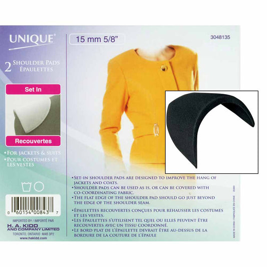 UNIQUE SEWING Shoulder Pads — Large, Set‑In, Black, 15 mm (5⁄8″), 2 pcs