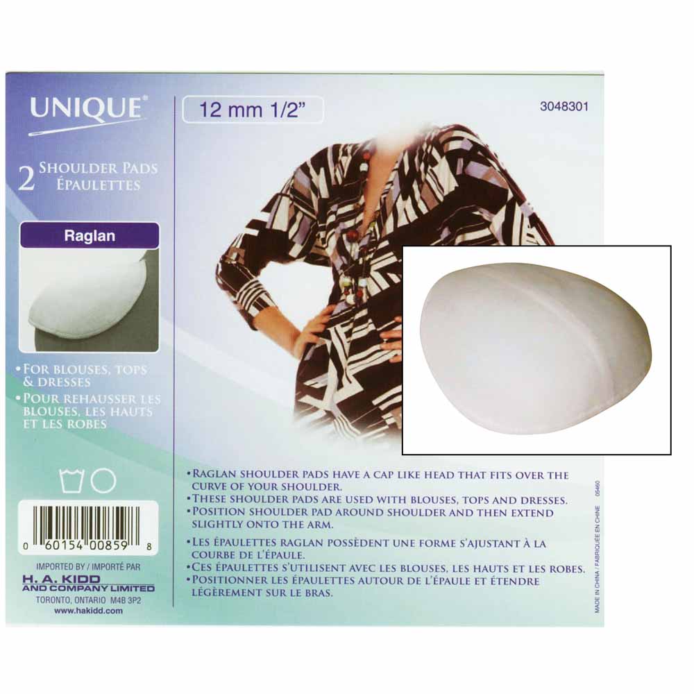 UNIQUE SEWING Covered Raglan Shoulder Pads — White, 12 mm (1⁄2″), 2 pcs