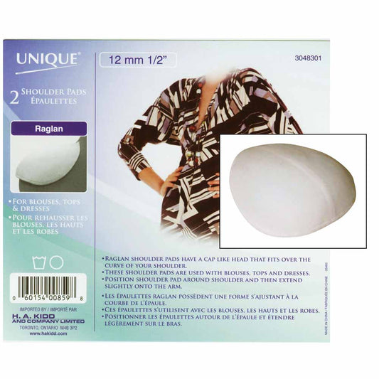 UNIQUE SEWING Covered Raglan Shoulder Pads — White, 12 mm (1⁄2″), 2 pcs
