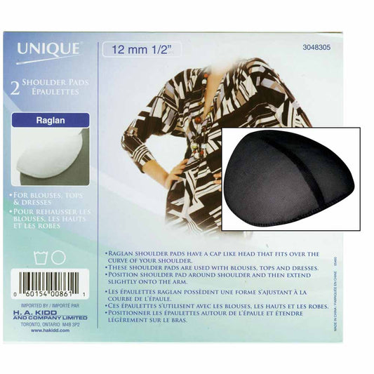 UNIQUE SEWING Covered Raglan Shoulder Pads — Black, 12 mm (1⁄2″), 2 pcs