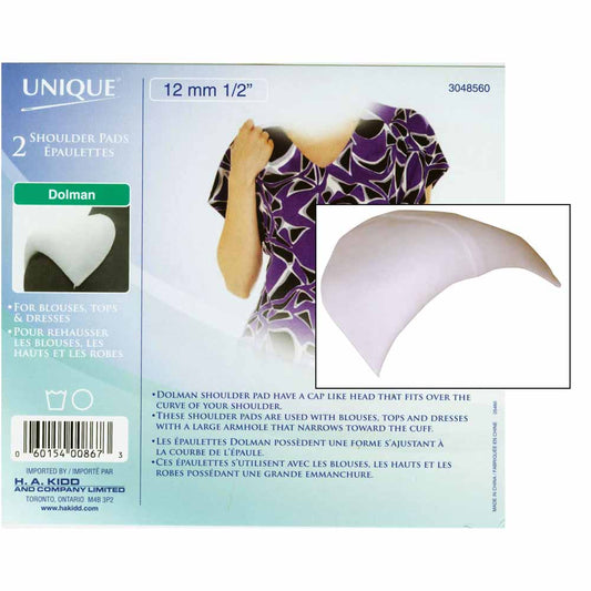 UNIQUE SEWING Covered Dolman Shoulder Pads — White, 12 mm (1⁄2″), 2 pcs