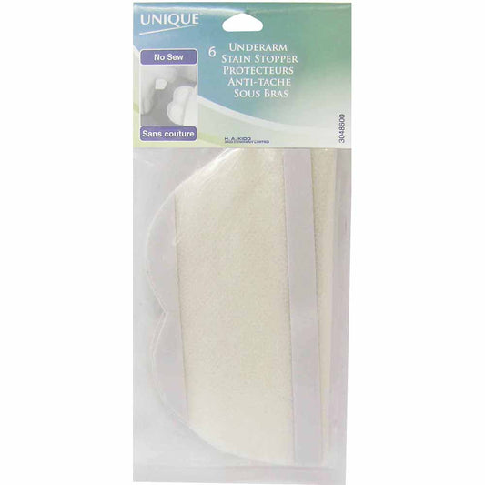 UNIQUE Stain Stoppers No‑Sew Dress Shields – White, 6‑Pack