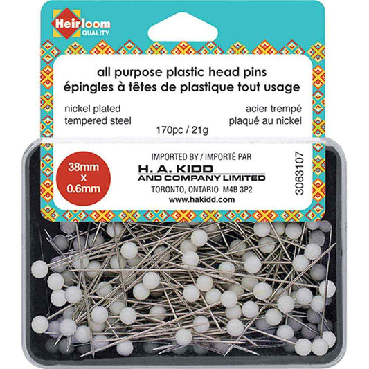 HEIRLOOM All‑Purpose Plastic Head Pins — White — 38mm (1½ in.)