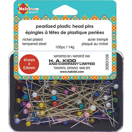 HEIRLOOM Extra‑Long Pearlized Plastic Head Pins — Assorted Colours — 41mm (1⅝ in.)