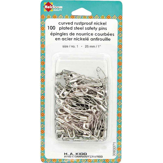 HEIRLOOM Curved Safety Pins — Size 1 (25 mm) — 100‑Pack