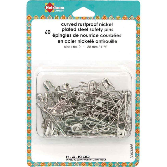 HEIRLOOM Curved Safety Pins — Size 2 (38 mm) — 60‑Pack
