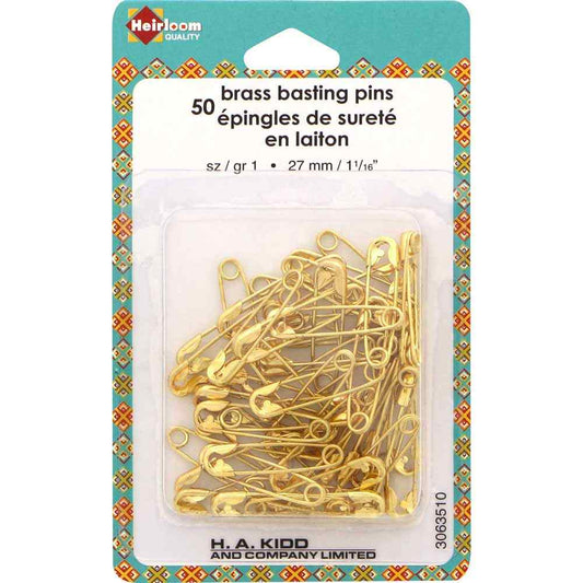 HEIRLOOM Brass Basting Safety Pins – Size 1 (1‑1/16") | 50 Pack