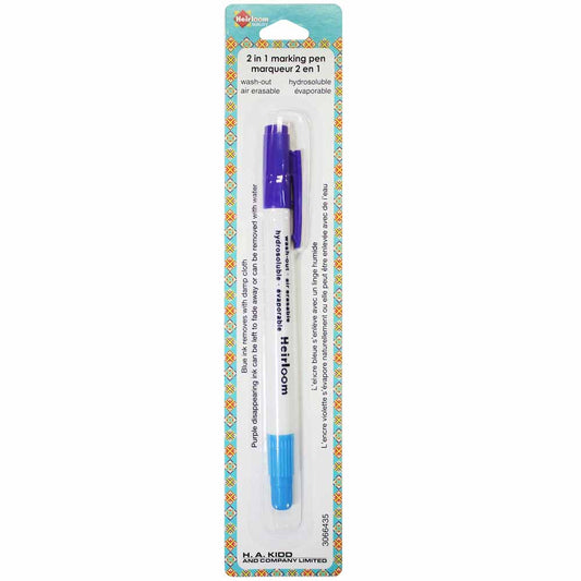 HEIRLOOM 2‑in‑1 Fabric Marker | Blue Wash‑Out + Purple Air‑Erase