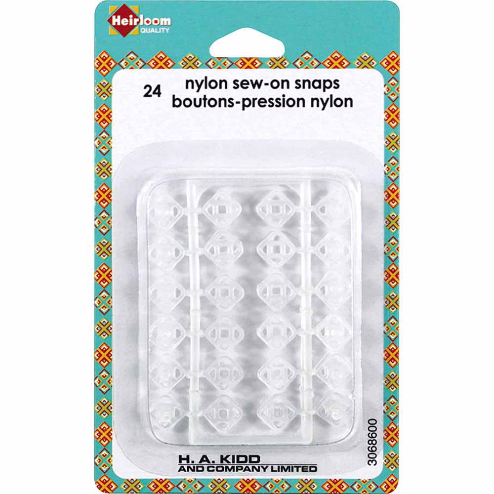 HEIRLOOM Nylon Sew‑On Snaps — Clear, 24 pcs