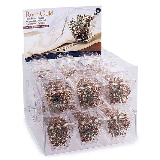 HEMLINE Rose Gold Plastic Head Pins Display – 18 Pcs