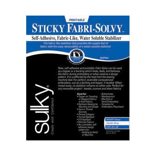 SULKY Sticky Fabri-Solvy Self-Adhesive Stabilizer 20 in × 36 in White Pkg
