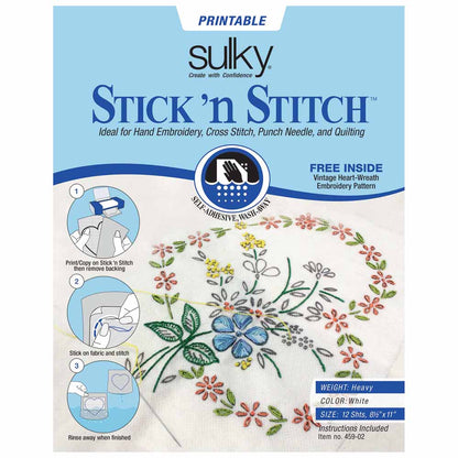 SULKY Stick ’n Stitch Printable Wash-Away Stabilizer 8.5 In × 11 In 12-Pack