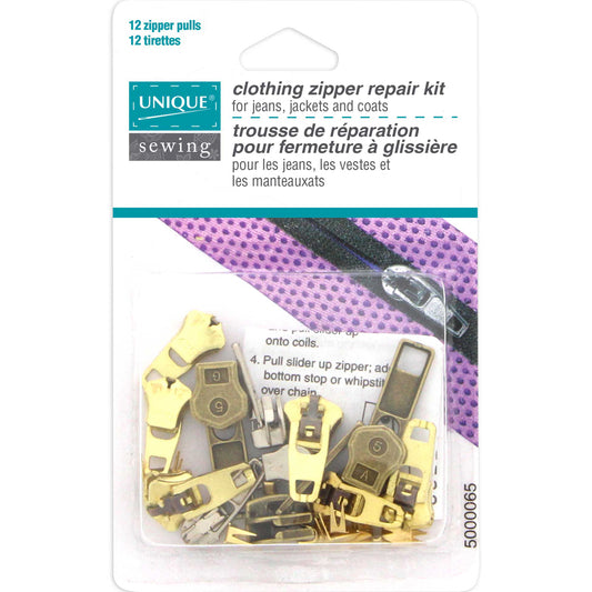 UNIQUE SEWING Clothing Zipper Repair Kit — 12 Pulls, Stops Included