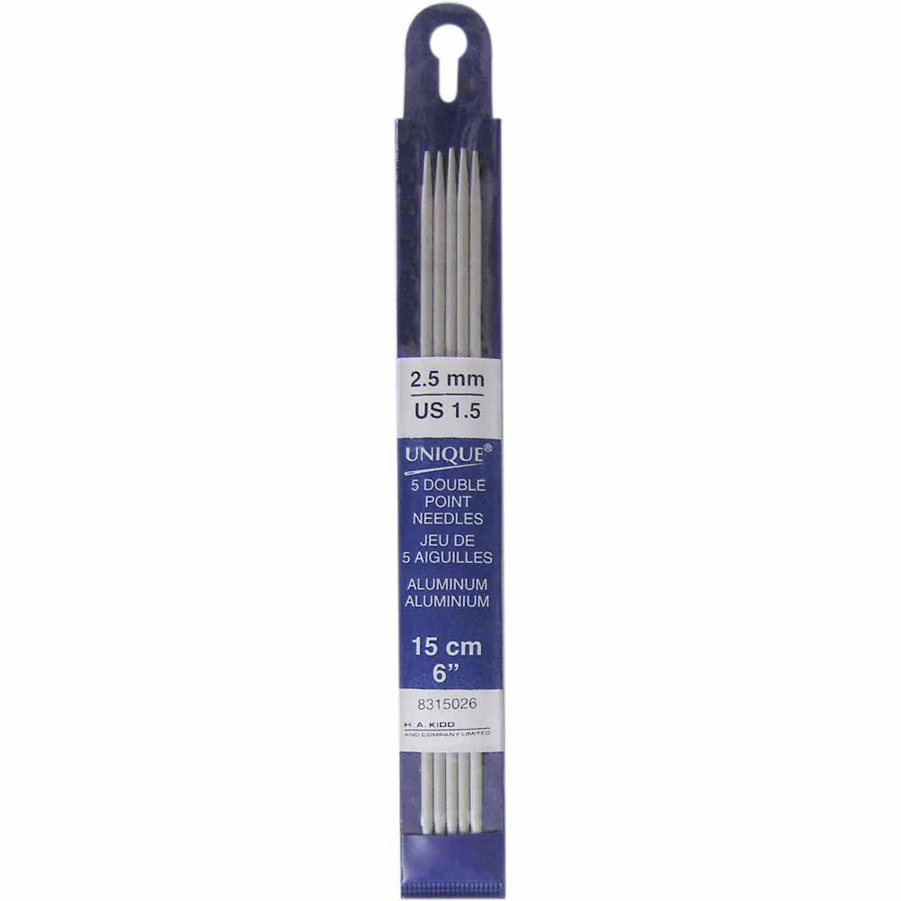 UNIQUE KNITTING Double Point Needles — 15 cm (6″) Aluminum, 2.5 mm — Set of 5