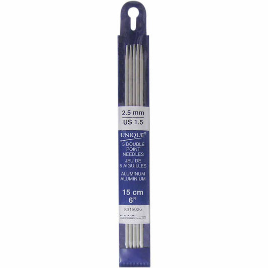 UNIQUE KNITTING Double Point Needles — 15 cm (6″) Aluminum, 2.5 mm — Set of 5