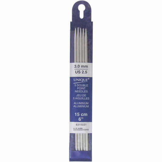 UNIQUE KNITTING Double Point Needles — 15 cm (6″) Aluminum, 3 mm (US 2) — Set of 5