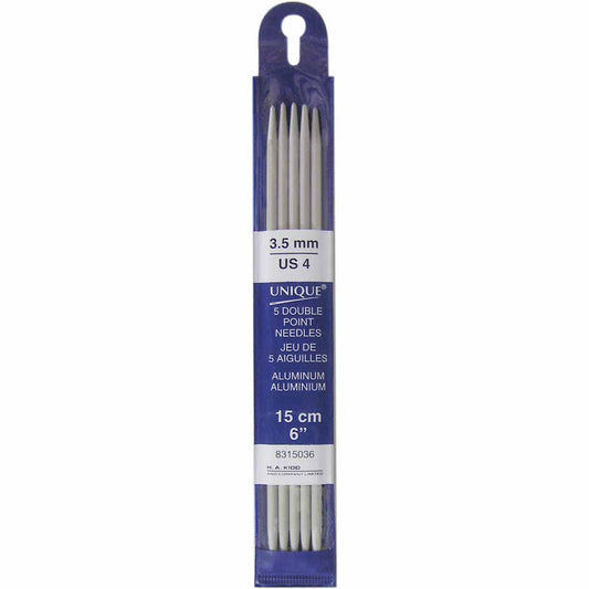 UNIQUE KNITTING Double Point Needles — 15 cm (6″) Aluminum, 3.5 mm (US 4) — Set of 5
