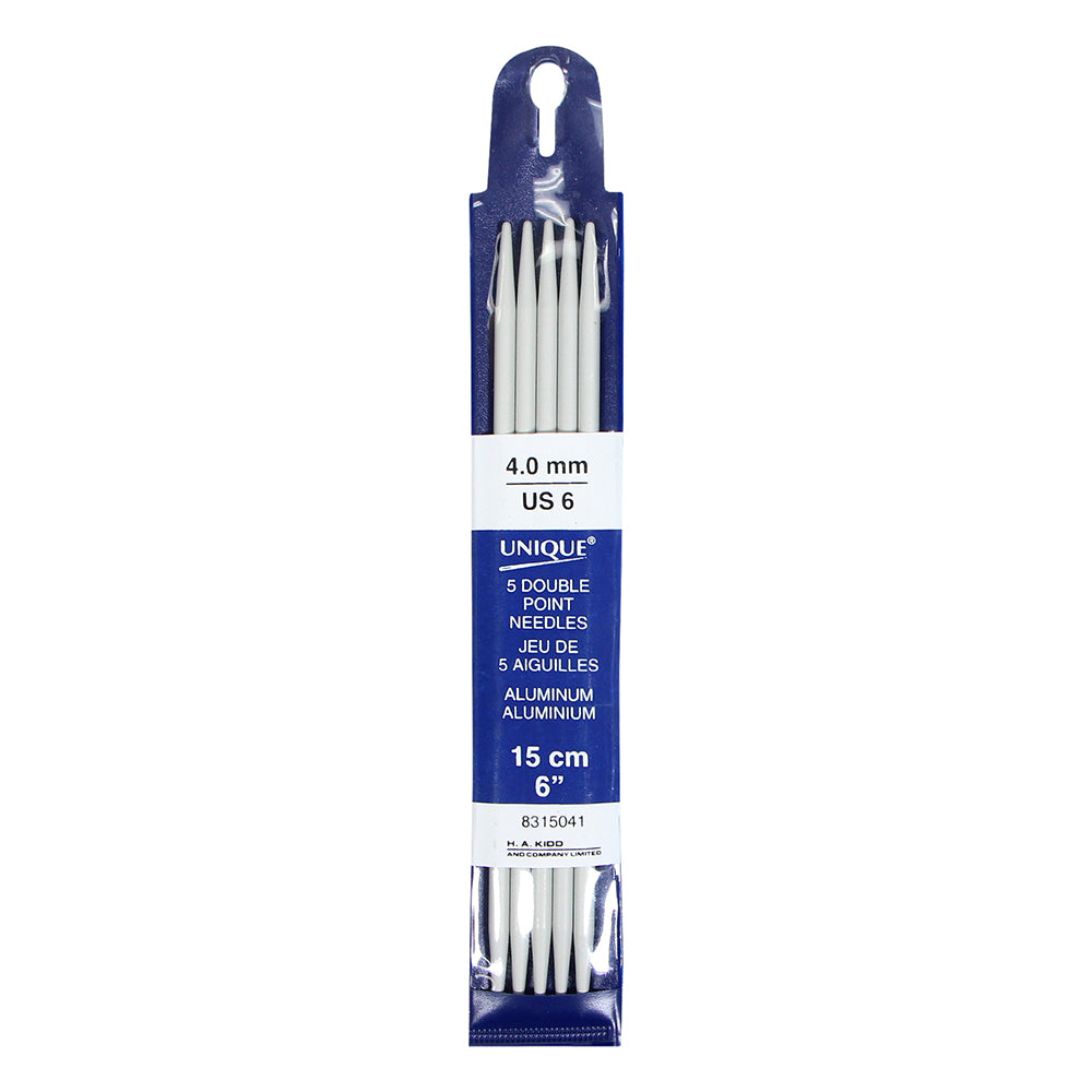 UNIQUE KNITTING Double Point Needles — 15 cm (6″) Aluminum, 4 mm (US 6) — Set of 5