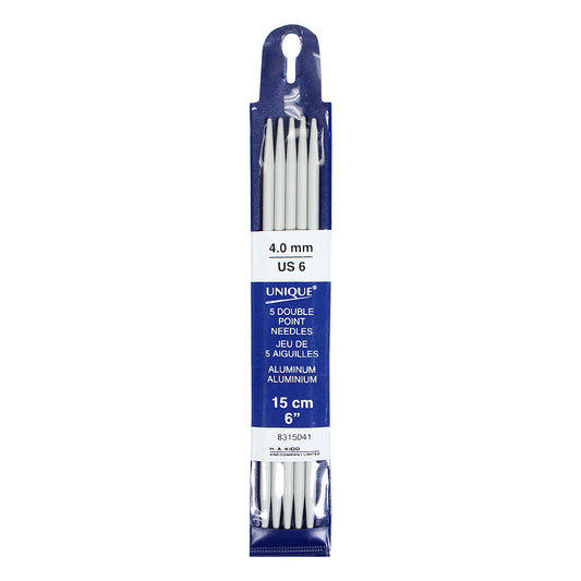 UNIQUE KNITTING Double Point Needles — 15 cm (6″) Aluminum, 4 mm (US 6) — Set of 5