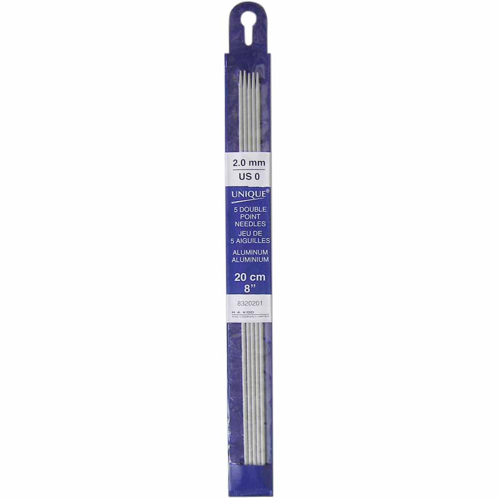 UNIQUE KNITTING Double Point Needles — 20 cm (8″) Aluminum, 2 mm (US 0) — Set of 5