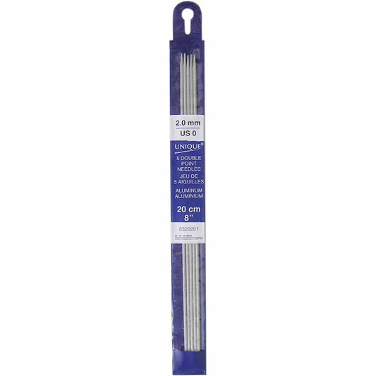 UNIQUE KNITTING Double Point Needles — 20 cm (8″) Aluminum, 2 mm (US 0) — Set of 5