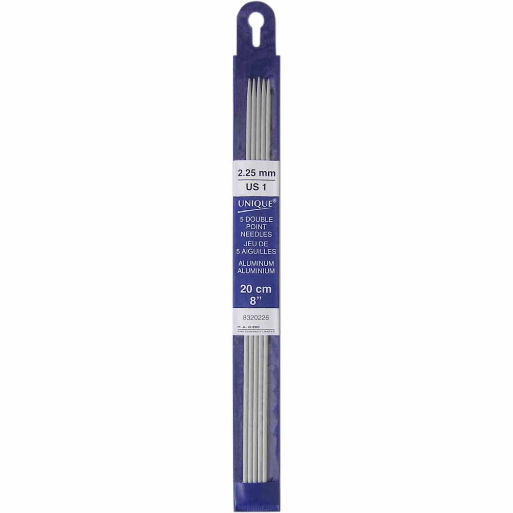 UNIQUE KNITTING Double Point Needles — 20 cm (8″) Aluminum, 2.25 mm (US 1) — Set of 5