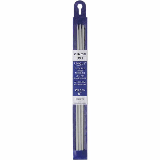 UNIQUE KNITTING Double Point Needles — 20 cm (8″) Aluminum, 2.25 mm (US 1) — Set of 5