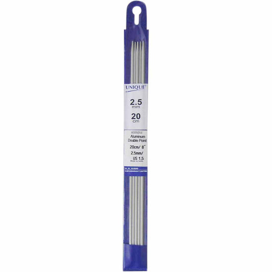 UNIQUE KNITTING Double Point Needles — 20 cm (8″) Aluminum, 2.5 mm — Set of 5