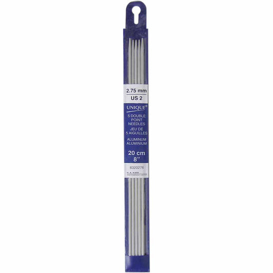 UNIQUE KNITTING Double Point Needles — 20 cm (8″) Aluminum, 2.75 mm (US 2) — Set of 5