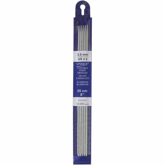 UNIQUE KNITTING Double Point Needles — 20 cm (8″) Aluminum, 3 mm (US 2) — Set of 5