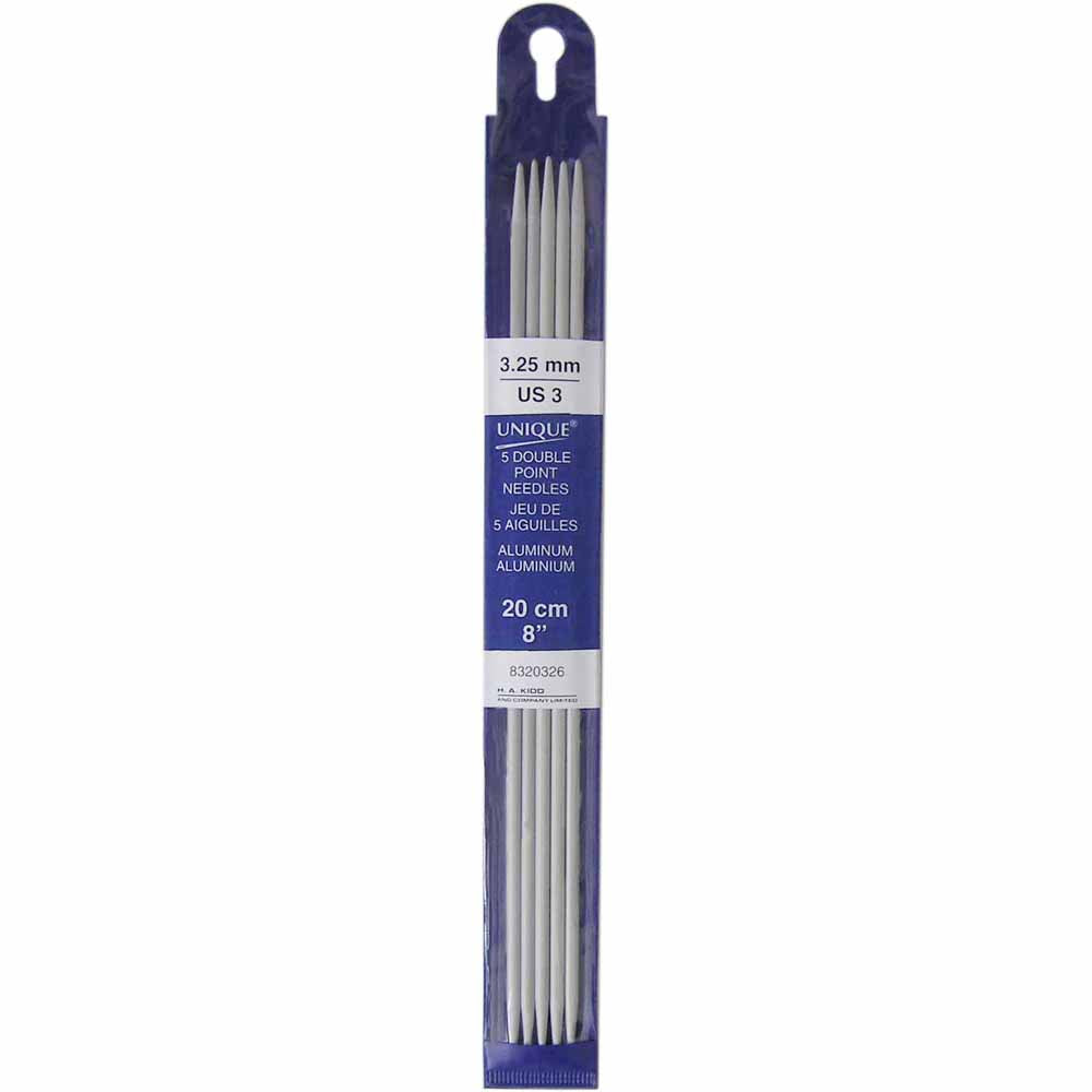 UNIQUE KNITTING Double Point Needles — 20 cm (8″) Aluminum, 3.25 mm (US 3) — Set of 5