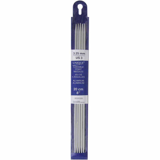 UNIQUE KNITTING Double Point Needles — 20 cm (8″) Aluminum, 3.25 mm (US 3) — Set of 5