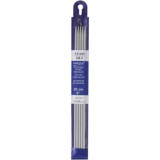 UNIQUE KNITTING Double Point Needles — 20 cm (8″) Aluminum, 3.5 mm (US 4) — Set of 5