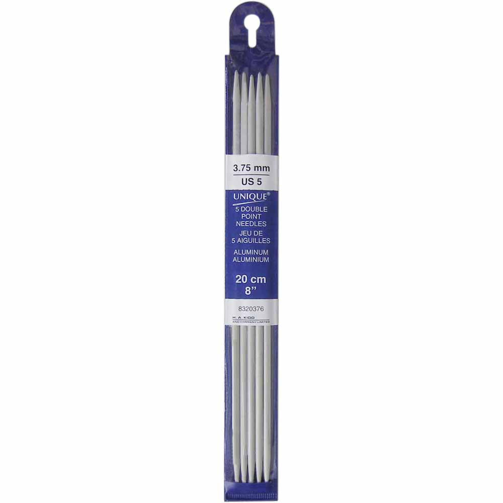 UNIQUE KNITTING Double Point Needles — 20 cm (8″) Aluminum, 3.75 mm (US 5) — Set of 5