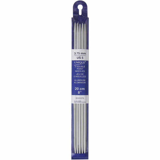 UNIQUE KNITTING Double Point Needles — 20 cm (8″) Aluminum, 3.75 mm (US 5) — Set of 5
