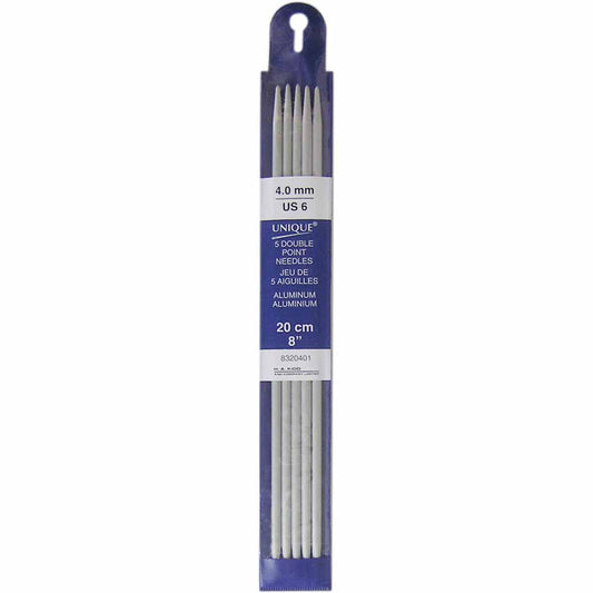 UNIQUE KNITTING Double Point Needles — 20 cm (8″) Aluminum, 4 mm (US 6) — Set of 5