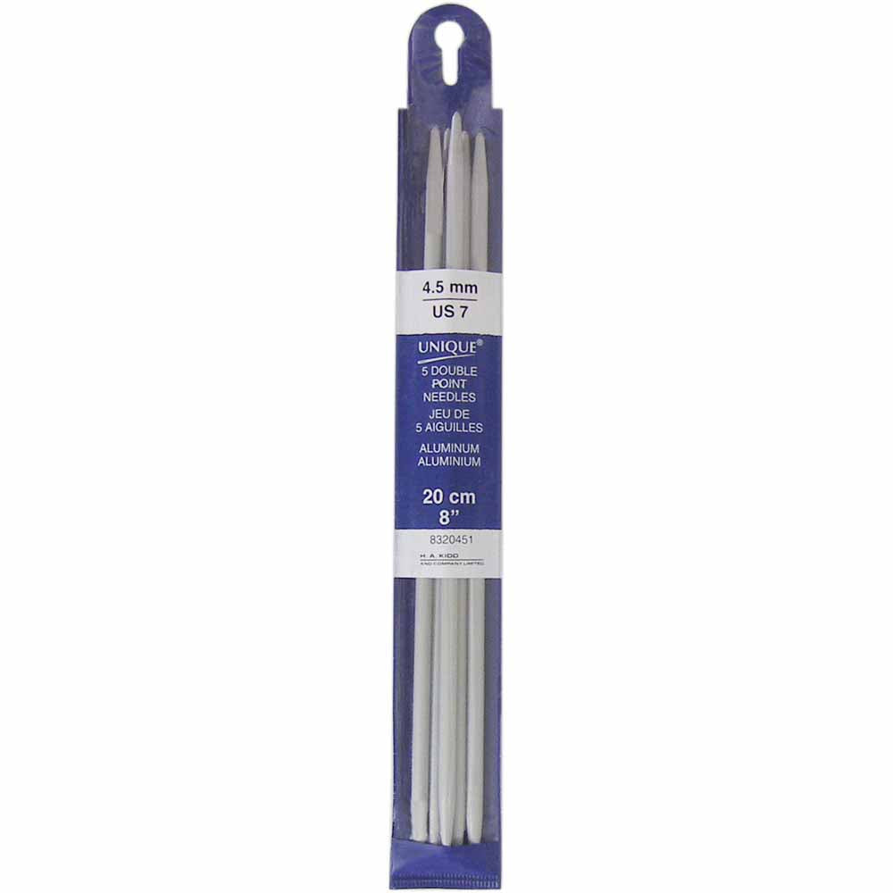 UNIQUE KNITTING Double Point Needles — 20 cm (8″) Aluminum, 4.5 mm (US 7) — Set of 5